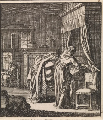 Vrouw haalt een bed af by Jan Luyken, print, 1711