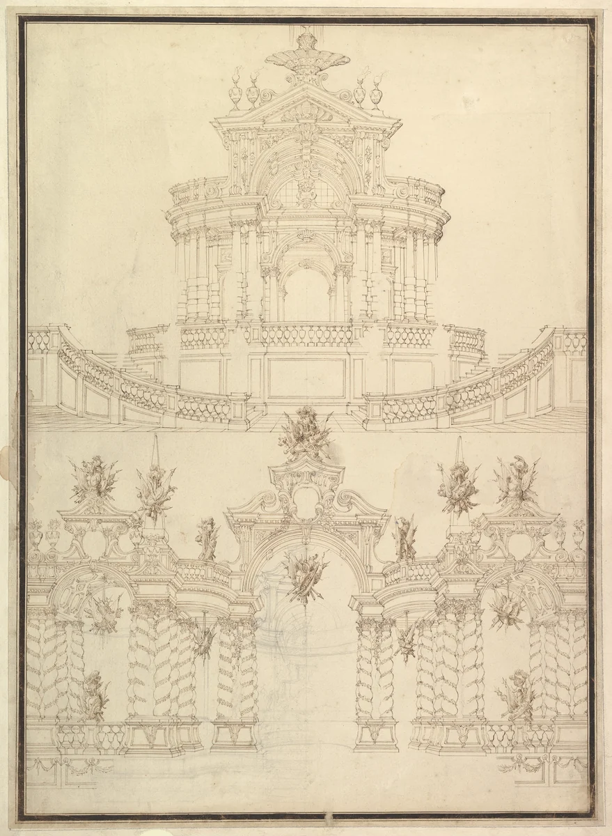 Designs for Components of Stage Sets: at Bottom: Spiral and Wreathed-Colonnaded Pavillion with Central Arch Surmounted by Military Trophy and Another Hanging Inside Arch; at Top: Centralized Pavillion Decorated by Pediment Surmounted by Fountain by Giuseppe Galli Bibiena, drawing, 1696-1756