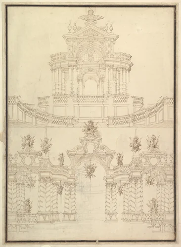 Designs for Components of Stage Sets: at Bottom: Spiral and Wreathed-Colonnaded Pavillion with Central Arch Surmounted by Military Trophy and Another Hanging Inside Arch; at Top: Centralized Pavillion Decorated by Pediment Surmounted by Fountain by Giuseppe Galli Bibiena, drawing, 1696-1756