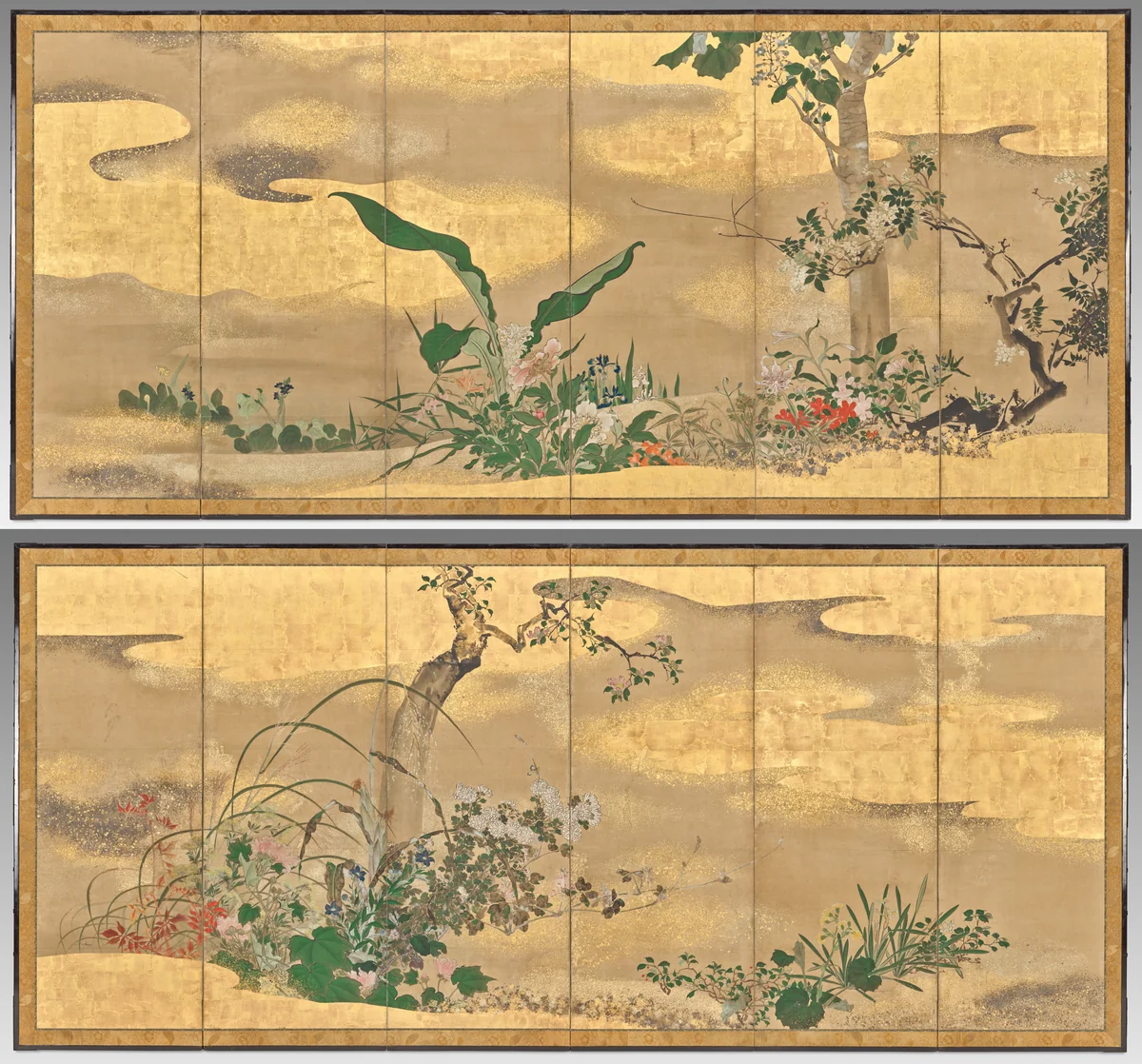 Flowers and Trees of the Four Seasons by Watanabe Shikō (渡辺始興), painting, 1700-1725