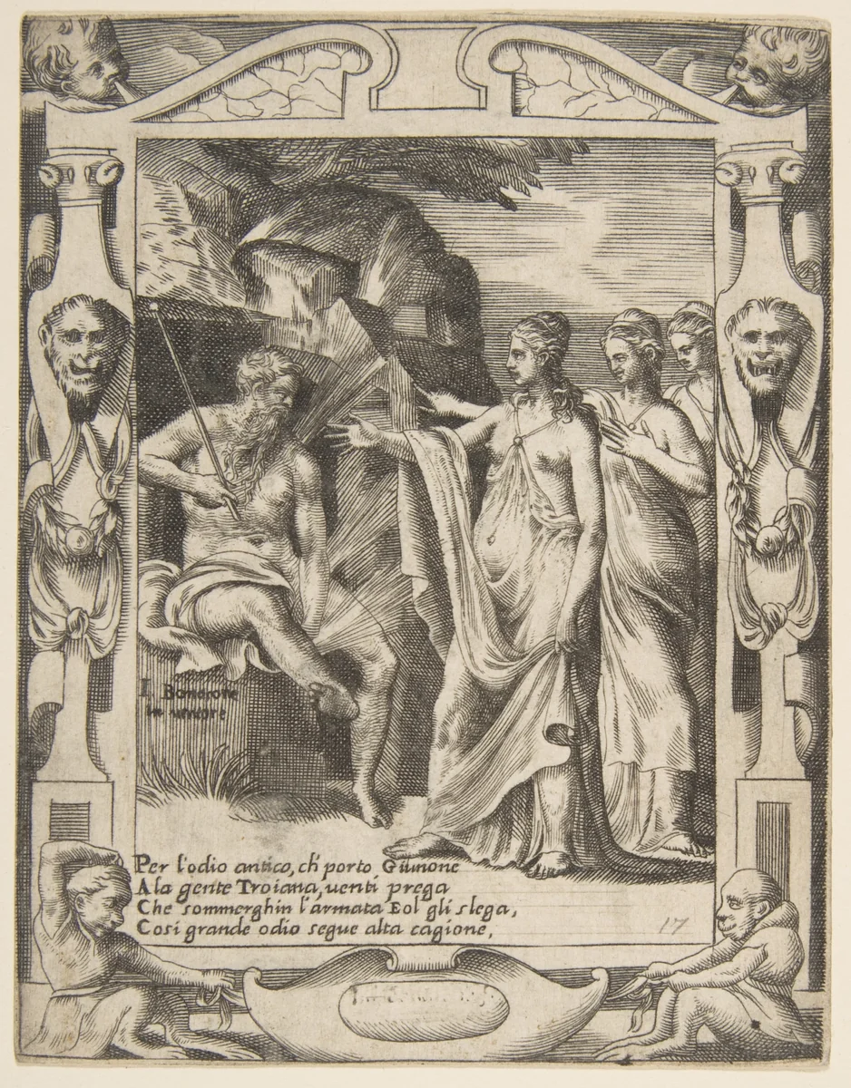 Juno asks Aeolus to raise a storm against the Trojan fleet, set within an elaborate frame, from "Loves, Rages and Jealousies of Juno" by Giulio Bonasone, print, 1531-1576