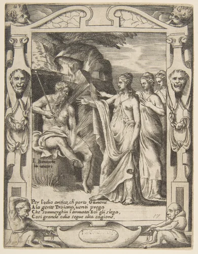 Juno asks Aeolus to raise a storm against the Trojan fleet, set within an elaborate frame, from "Loves, Rages and Jealousies of Juno" by Giulio Bonasone, print, 1531-1576