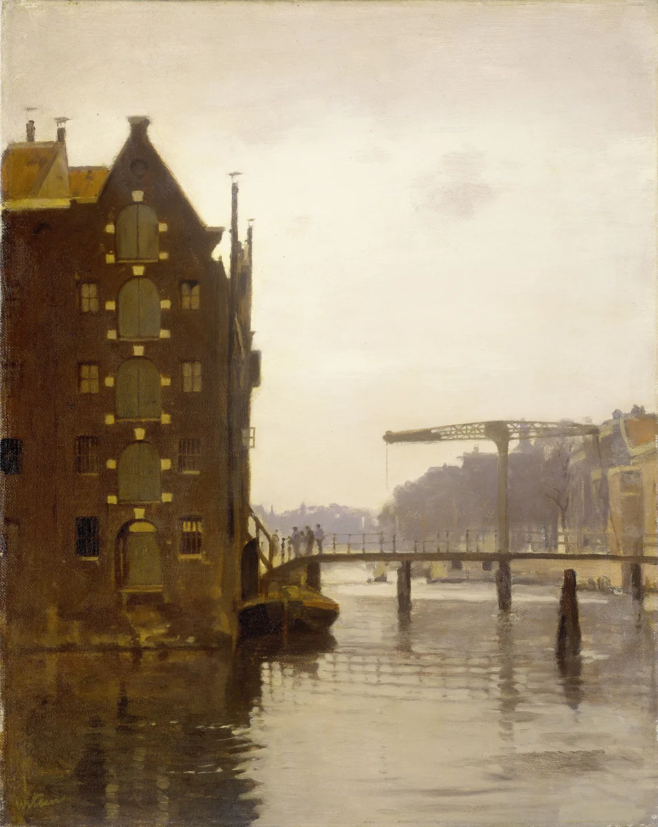 Gezicht vanaf de Rapenburgwal op de Peperbrug en het pakhuis Sweeden by Willem Witsen, painting, 1911