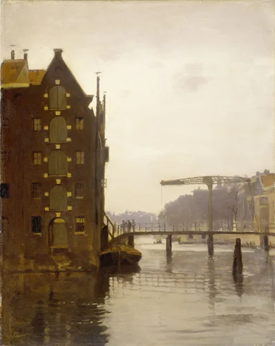 Gezicht vanaf de Rapenburgwal op de Peperbrug en het pakhuis Sweeden by Willem Witsen, painting, 1911