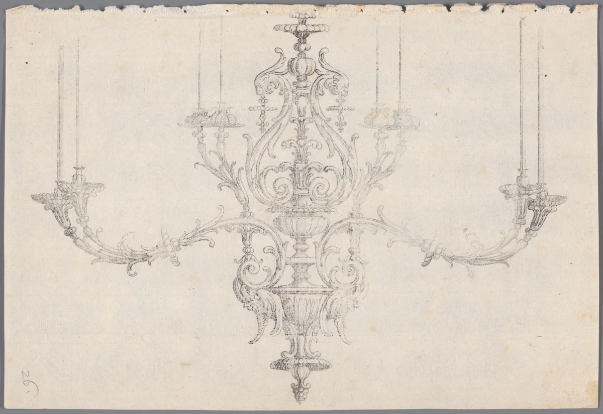 Afdruk van een tekening van een kroonluchter met maskers by anonymous, drawing, 1600