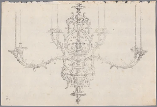 Afdruk van een tekening van een kroonluchter met maskers by anonymous, drawing, 1600