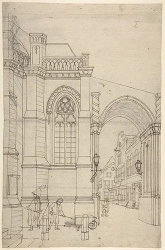 A Townscape with a Churchgate by Jan Hendrik Verheyen, drawing, 1793-1846