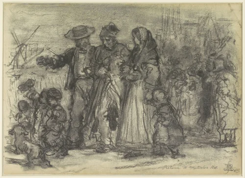 Thuiskomst van een oude soldaat, na de slag bij Waterloo by Eugène François de Block, drawing, 1843