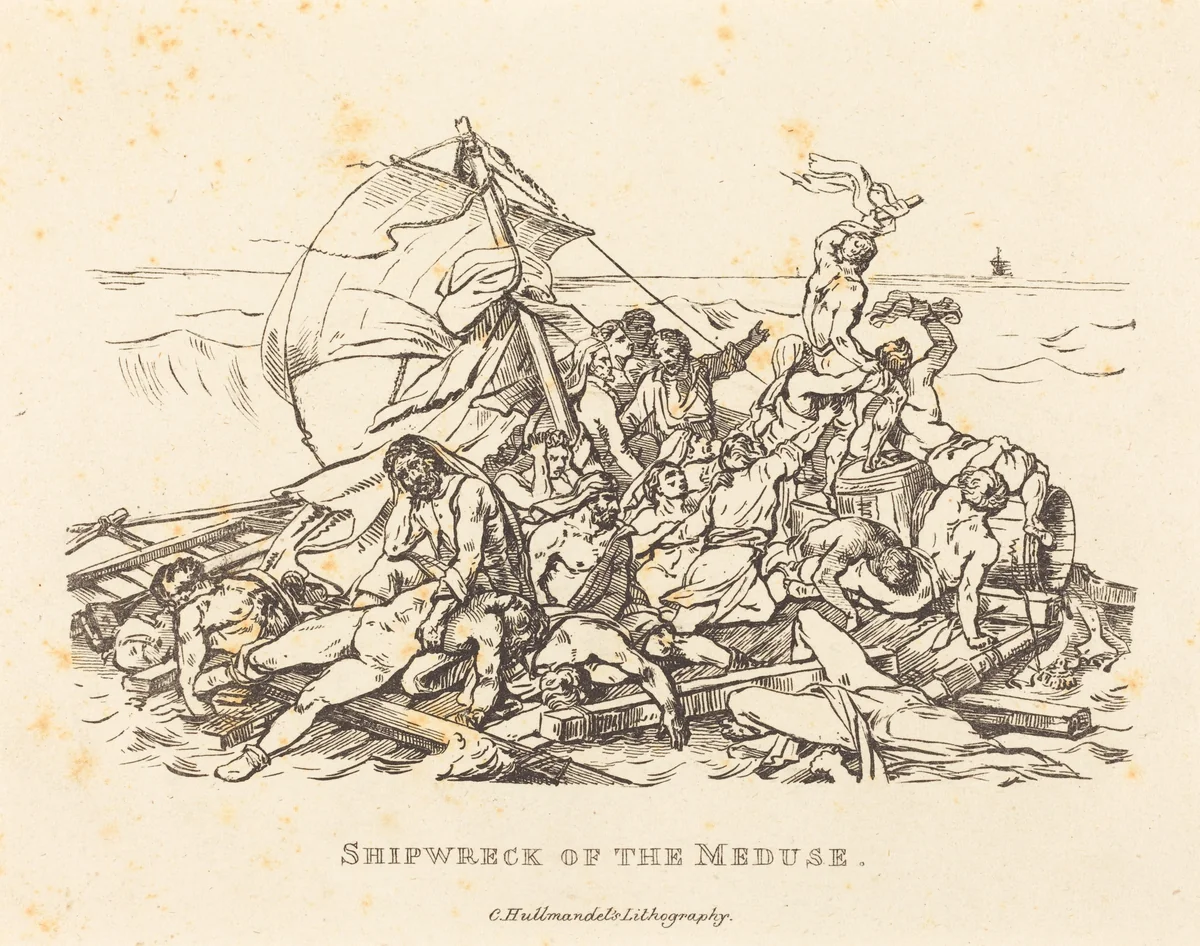 Shipwreck of the Meduse by Nicolas-Toussaint Charlet; Théodore Gericault, print, 1820