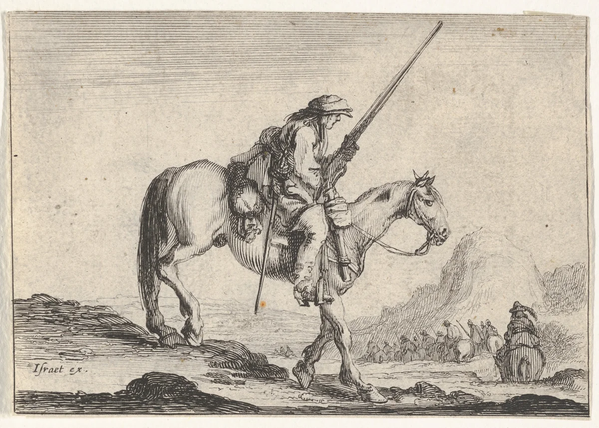 Plate 12: A soldier on horseback, holding a musket in his right hand, in profile descending a slope towards the right, other soldiers on horseback to right in the background, from "Various Figures" (Agréable diversité de figures) by Stefano della Bella, print, 1642