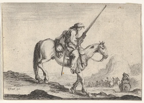 Plate 12: A soldier on horseback, holding a musket in his right hand, in profile descending a slope towards the right, other soldiers on horseback to right in the background, from "Various Figures" (Agréable diversité de figures) by Stefano della Bella, print, 1642