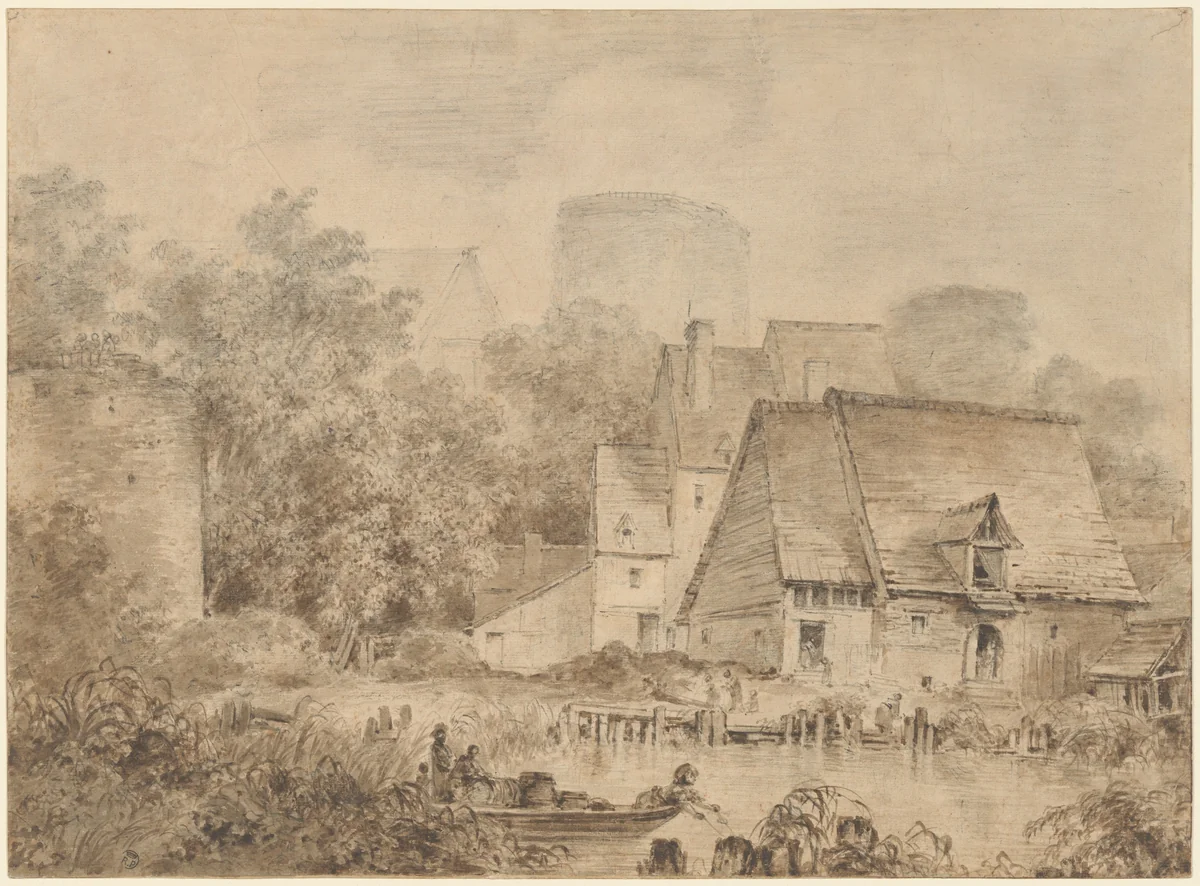 Farm Buildings beside a Waterway by Jean Honoré Fragonard, drawing, 1760-1770