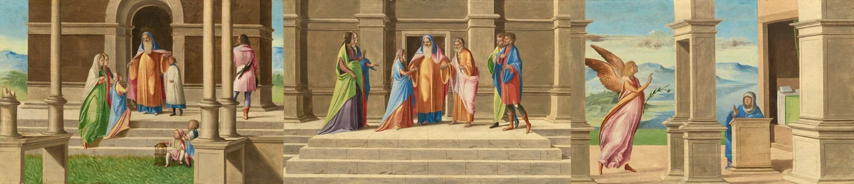 The Presentation and Marriage of the Virgin, and the Annunciation by Benedetto Diana, painting, 1520-1525