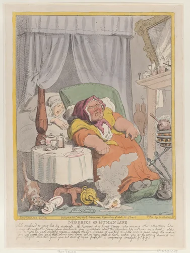 Miseries of Human Life: "While confined to your bed by sickness..." by Nicolaus Heideloff, print, 1807