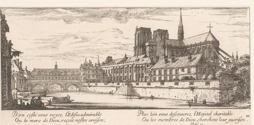 Gezicht op de brug bij het Hôtel-Dieu by Israël Silvestre, print, 1655