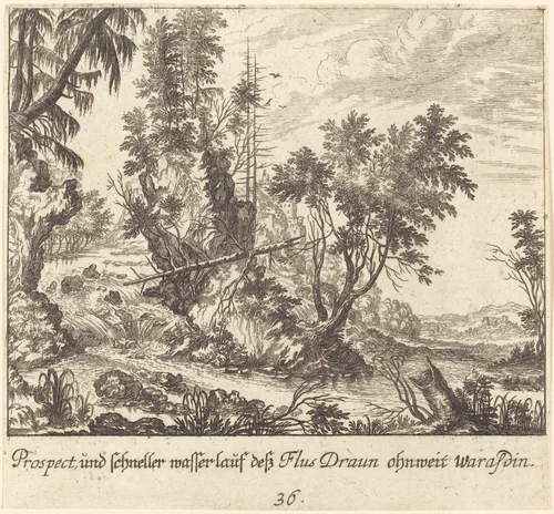 Draun River by Melchior Küsel; Johann Wilhelm Baur, print, 1681