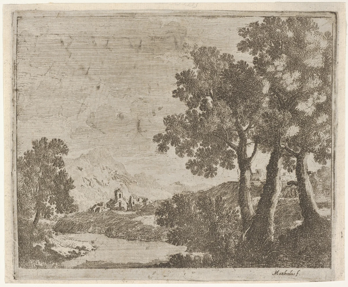 Landscape with a Distant Village by Lodovico Mattioli, print, 1670-1750