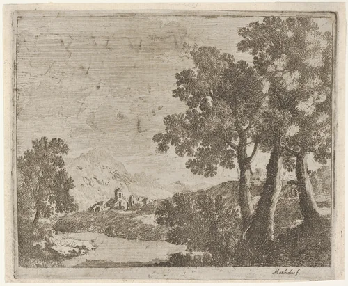 Landscape with a Distant Village by Lodovico Mattioli, print, 1670-1750
