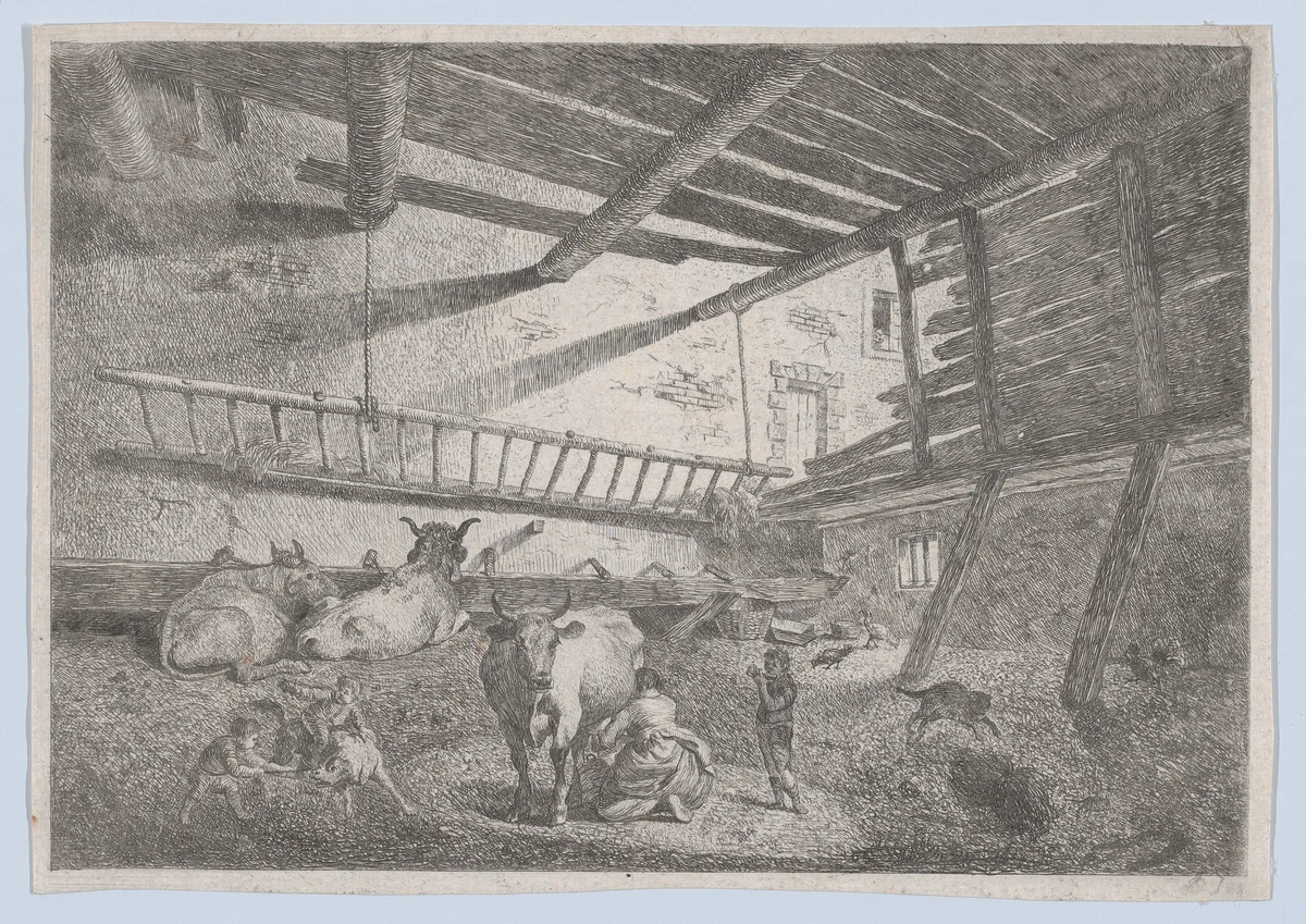 Interior of a Barn with Milkmaid by anonymous, print, 1785-1805