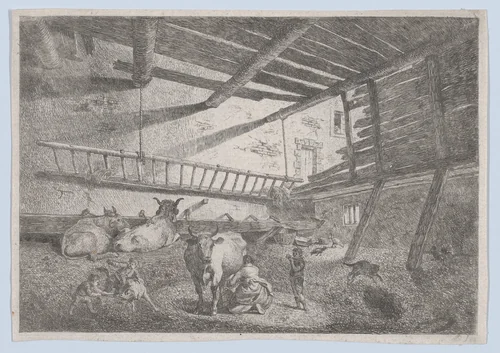 Interior of a Barn with Milkmaid by anonymous, print, 1785-1805