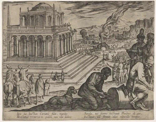 Plate 5: Tomb of Mausolus, stone masons make a column at the right, from "The Seven Wonders of the World" by Antonio Tempesta, print, 1608