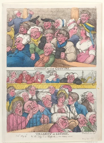Comedy in the Country, Tragedy in London by Thomas Rowlandson, print, 1807