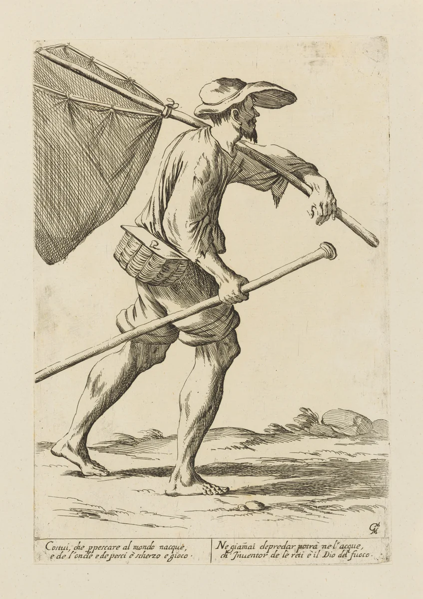 Fisherman, from Di Bologna l'Arti per via D'An.ibal' Ca.rac, plate 37 by Giuseppe Maria Mitelli, print, 1660