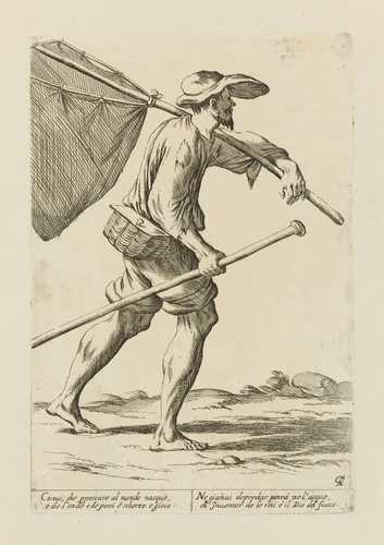 Fisherman, from Di Bologna l'Arti per via D'An.ibal' Ca.rac, plate 37 by Giuseppe Maria Mitelli, print, 1660