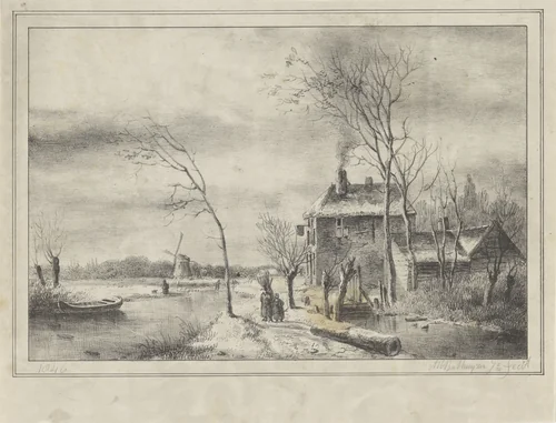 Winterlandschap met huis en sloot by Alexander Bakhuyzen, print, 1836-1878