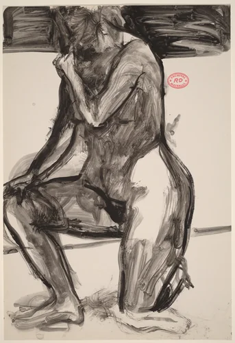 Untitled [kneeling nude holding her right shoulder] by Richard Diebenkorn, drawing, 1955-1967