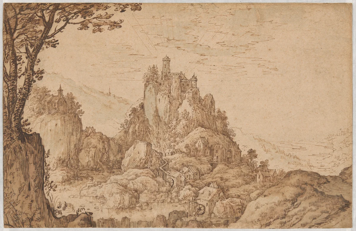 A Castle on a Crag in a Mountainous Landscape by Joos de Momper, drawing, 1595-1599