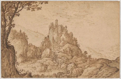 A Castle on a Crag in a Mountainous Landscape by Joos de Momper, drawing, 1595-1599