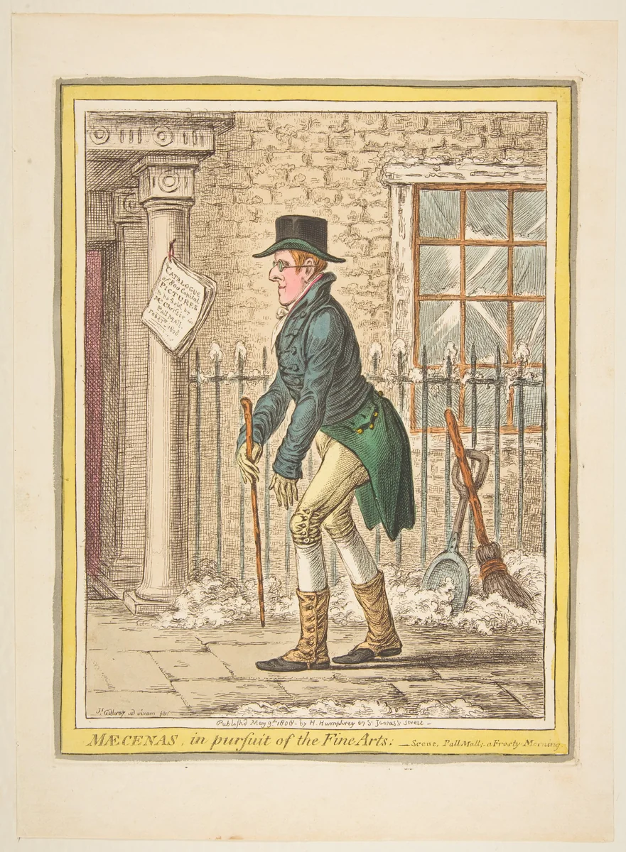 Maecenas, in pursuit of the Fine Arts.–Scene, Pall Mall; a Frosty Morning by James Gillray, print, 1808