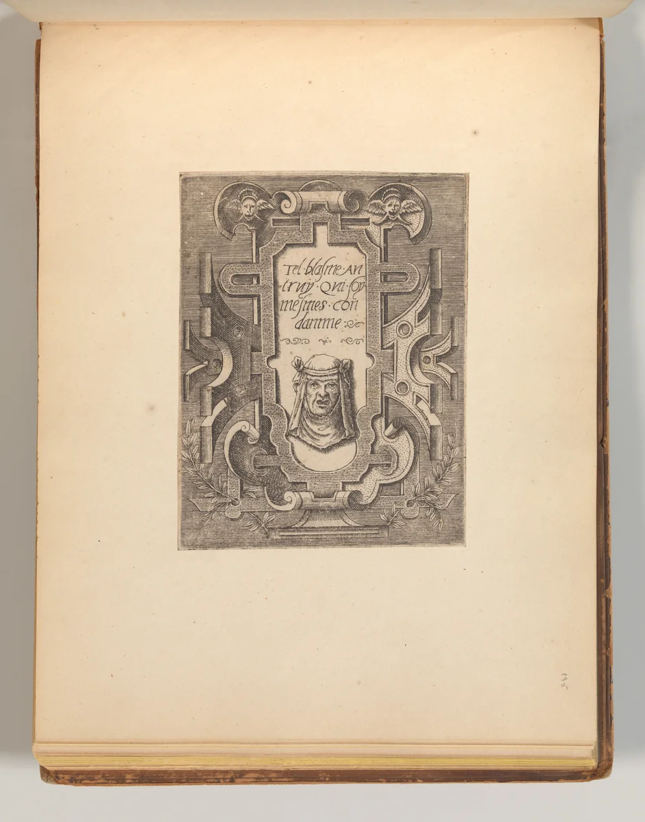 Series of Cartouches, in: Targhe ed altri ornati di varie e capricciose invenzioni (Cartouches and other ornaments of various and capricious invention, page 38) by Cornelis Bos, book, 1540-1560