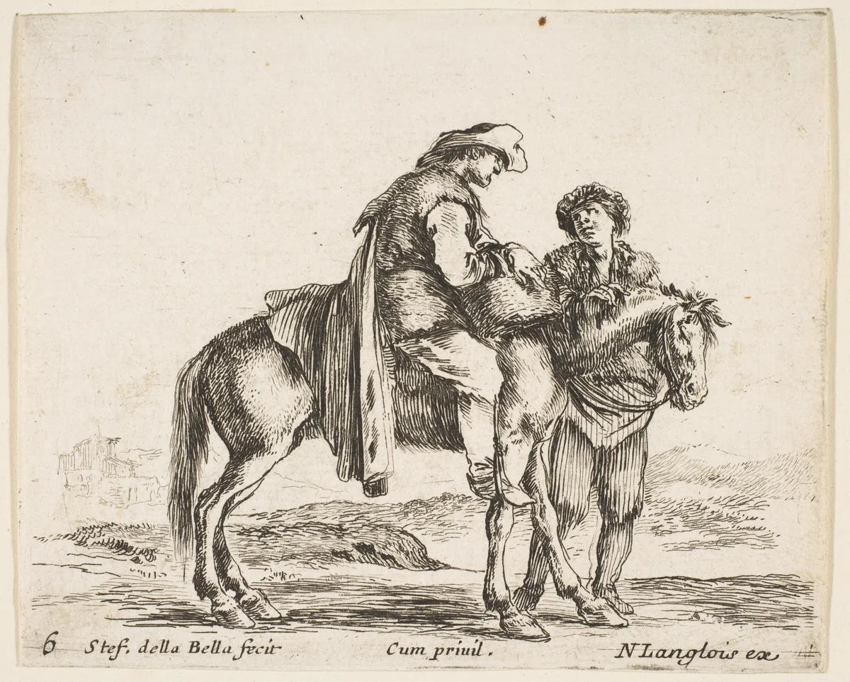 A peasant on horseback in profile facing the right, holding a basket and talking to another man standing behind the horse, plate 6 from "Diversi capricci" by Stefano della Bella, print, 1639-1649