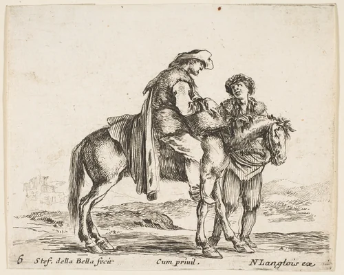 A peasant on horseback in profile facing the right, holding a basket and talking to another man standing behind the horse, plate 6 from "Diversi capricci" by Stefano della Bella, print, 1639-1649