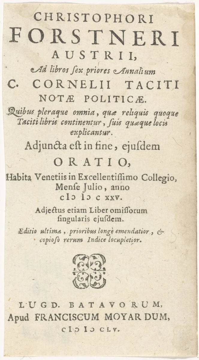 Titelpagina voor:  C. Forstner, C. Cornelii Taciti, notæ politicæ, 1655 by anonymous, print, 1655