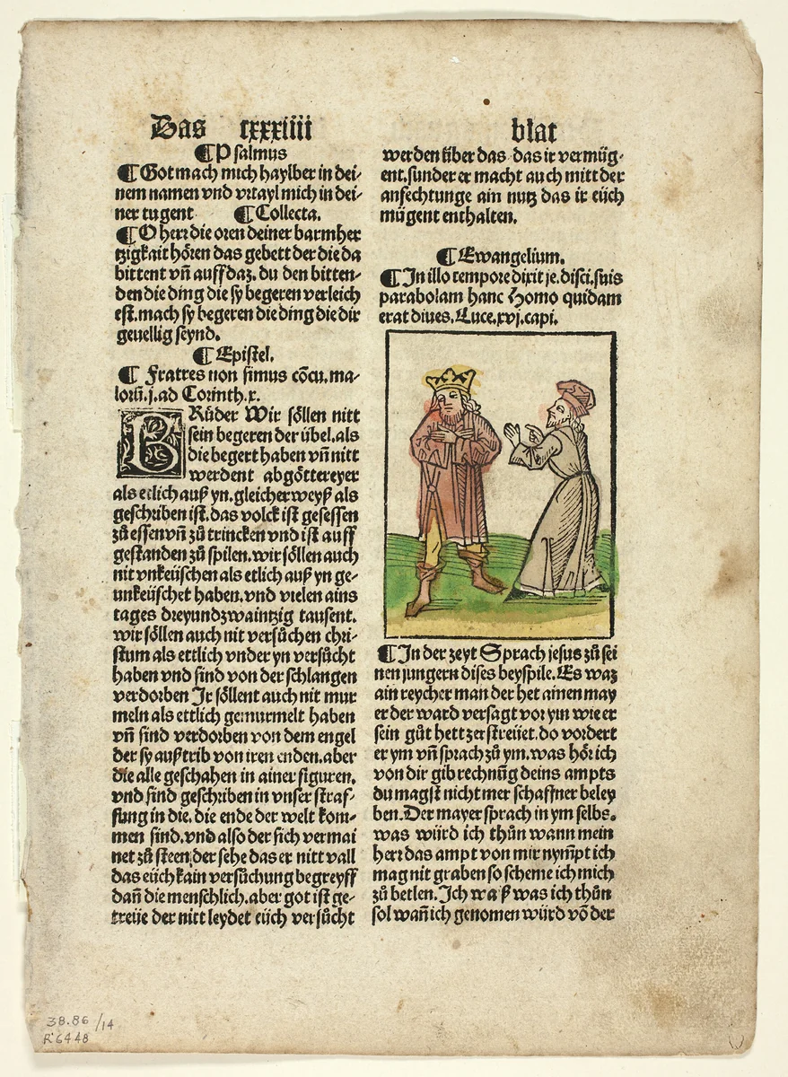 The Parable of the Unjust Steward from Plenarium, Plate 14 from Woodcuts from Books of the 15th Century by Johann Schönsperger the Elder, print, 1497