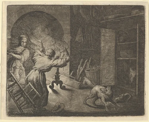 Renard Escapes with a Chicken that he Stole from a Clergyman's Table from Hendrick van Alcmar's Renard The Fox by Allart van Everdingen, print, 1650-1675
