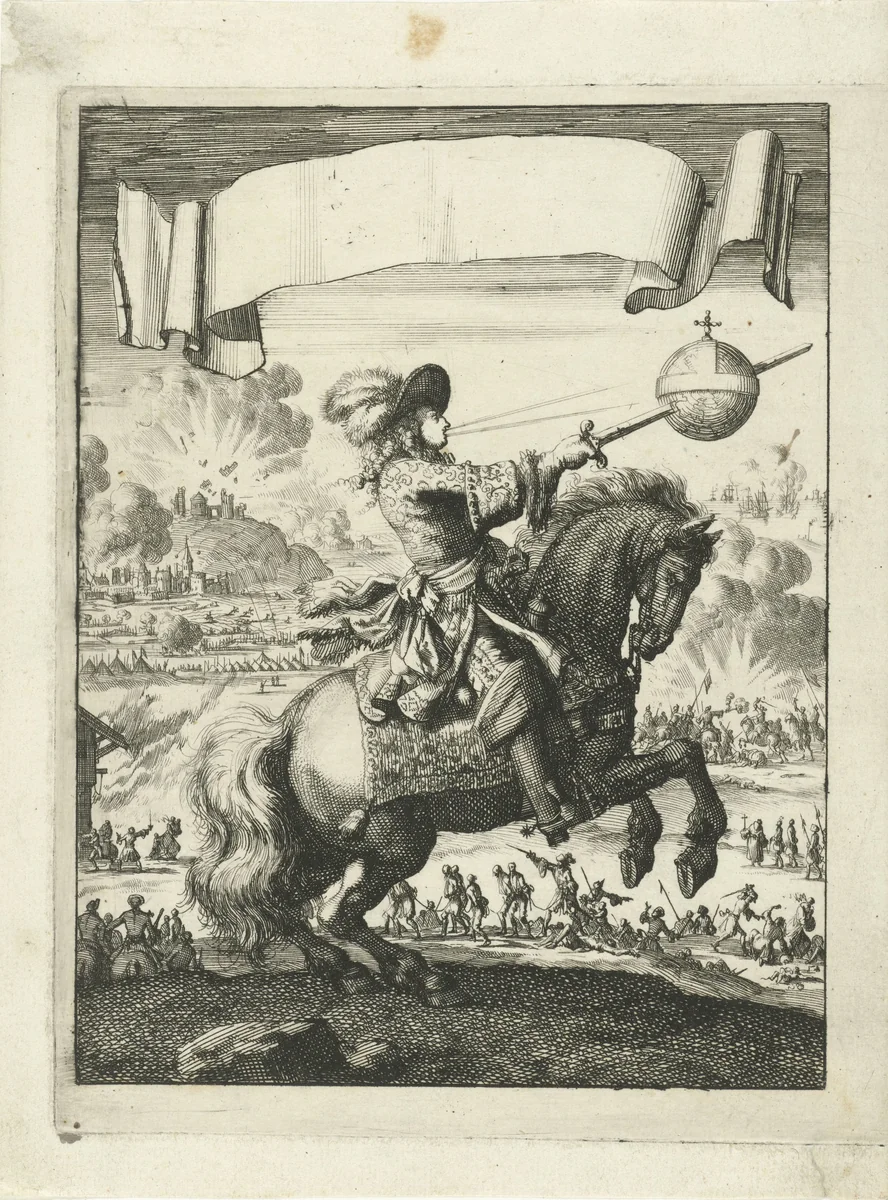 Lodewijk XIV spietst te paard een aardbol aan zijn zwaard by Jan Luyken, print, 1690