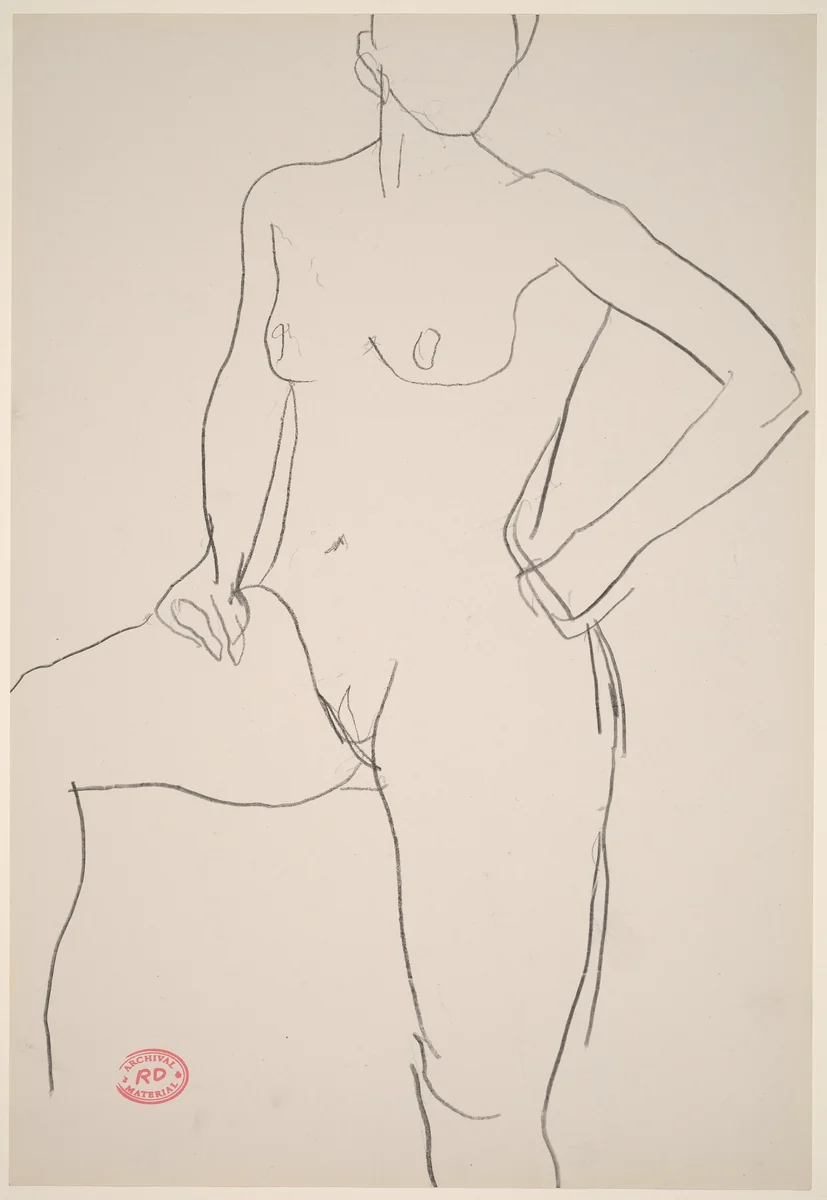 Untitled [standing female nude with raised right leg] by Richard Diebenkorn, drawing, 1955-1967