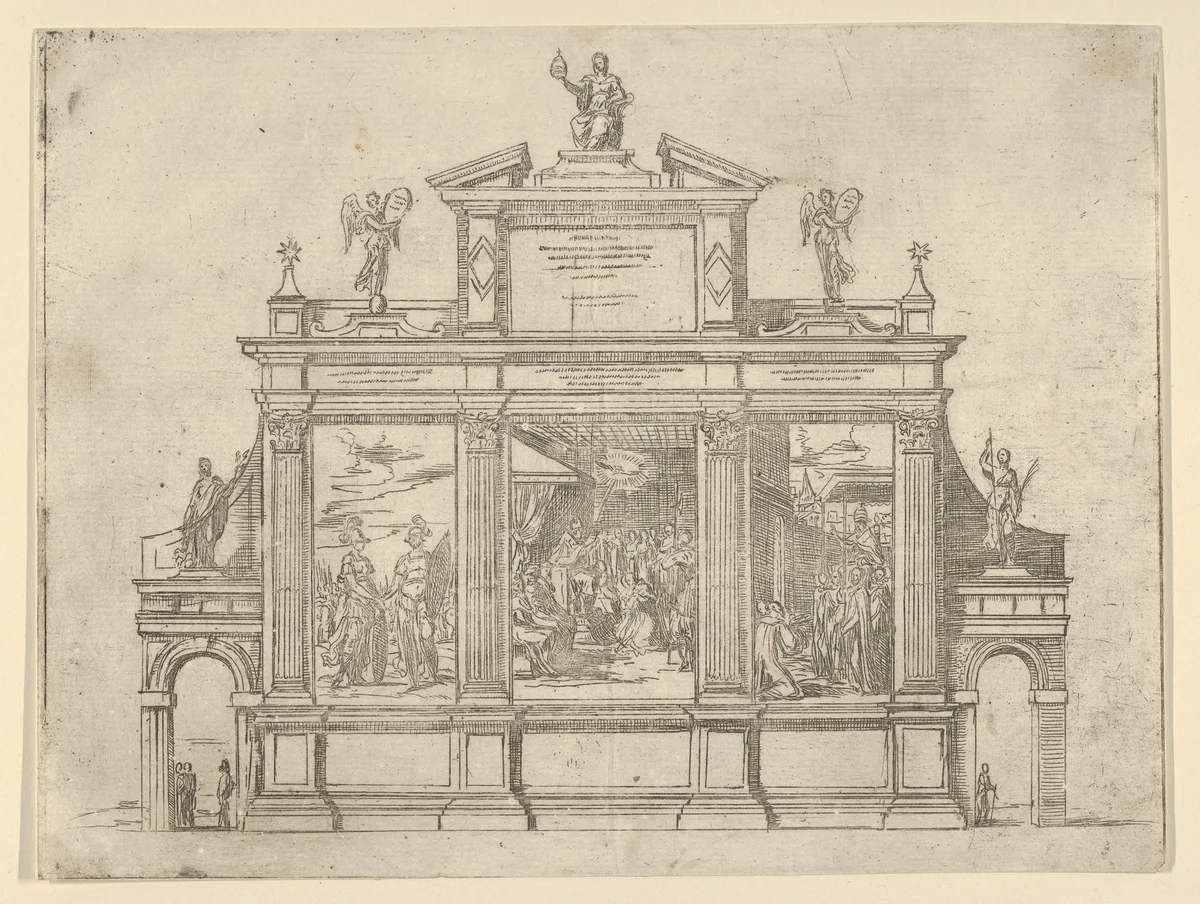 Façade of a triumphal monument with three scenes depicting deeds of Pope Clement VIII, a temporary decoration for the entry of Pope Clement VIII in Bologna in 1598 by Guido Reni, print, 1598