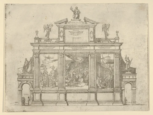 Façade of a triumphal monument with three scenes depicting deeds of Pope Clement VIII, a temporary decoration for the entry of Pope Clement VIII in Bologna in 1598 by Guido Reni, print, 1598