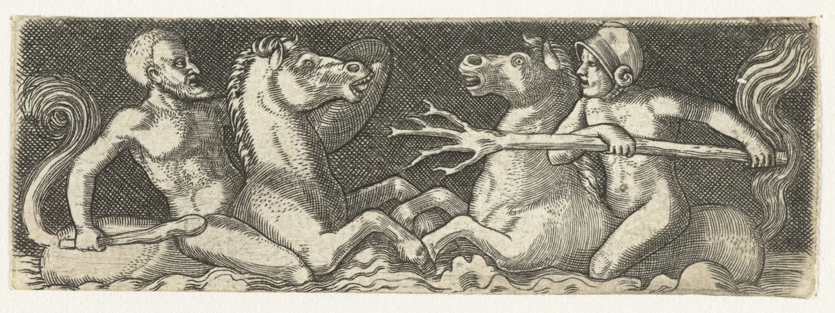 Twee strijdende tritons by anonymous, print, 1512-1590