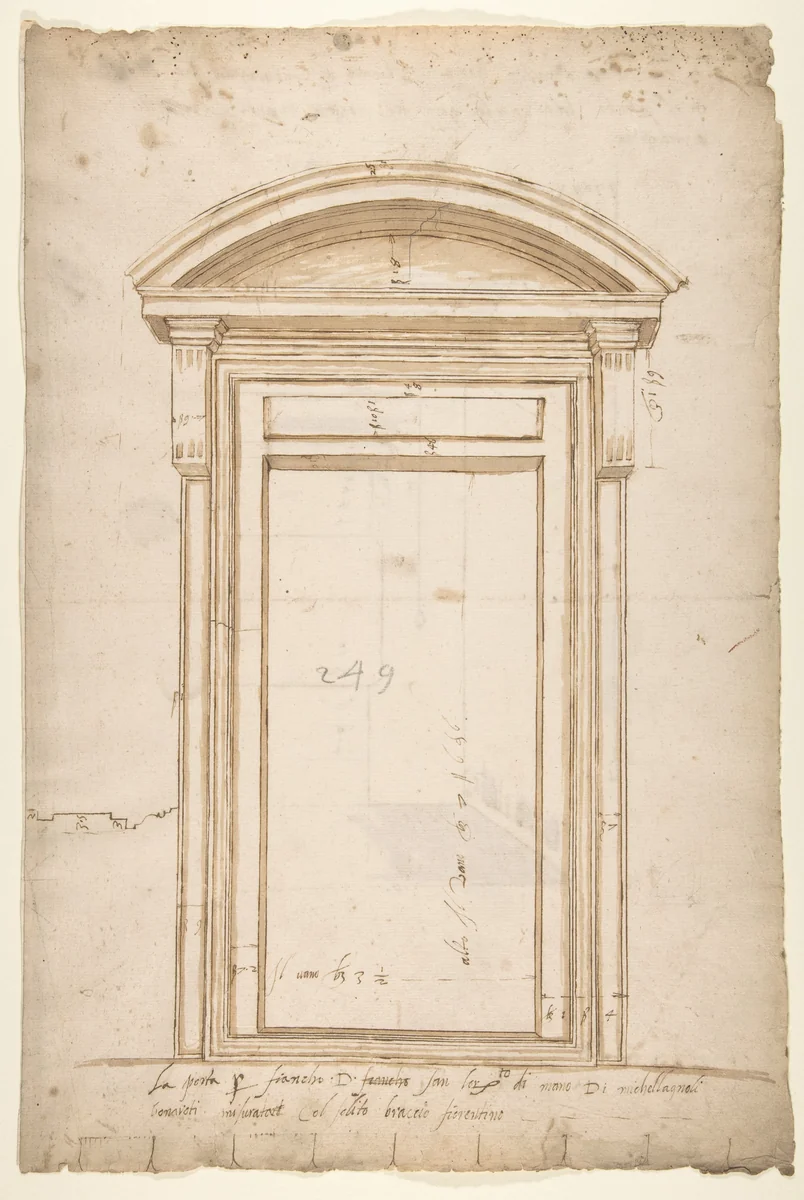 San Lorenzo, north portal, elevation (recto) San Lorenzo, north portal, cornice, profile (verso) by anonymous, drawing, 1500-1560