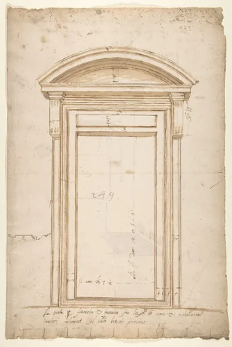 San Lorenzo, north portal, elevation (recto) San Lorenzo, north portal, cornice, profile (verso) by anonymous, drawing, 1500-1560