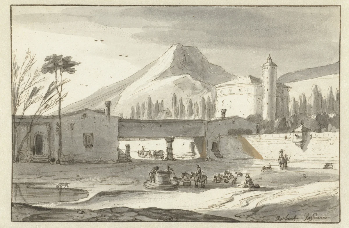 Mountainous, Italianate Landscape with a Rotunda Church by Roelant Roghman, drawing, 1660-1670