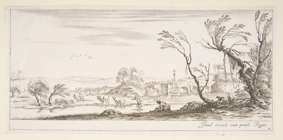 Plate 2: a peasant woman removing her shoes in center, another peasant woman and two cows in a stream to left, a bridge to right in the background, from 'Various landscapes' (Divers paysages) by Stefano della Bella, print, 1636-1646