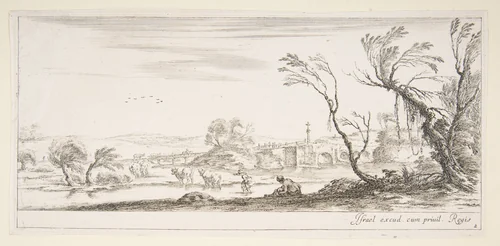 Plate 2: a peasant woman removing her shoes in center, another peasant woman and two cows in a stream to left, a bridge to right in the background, from 'Various landscapes' (Divers paysages) by Stefano della Bella, print, 1636-1646