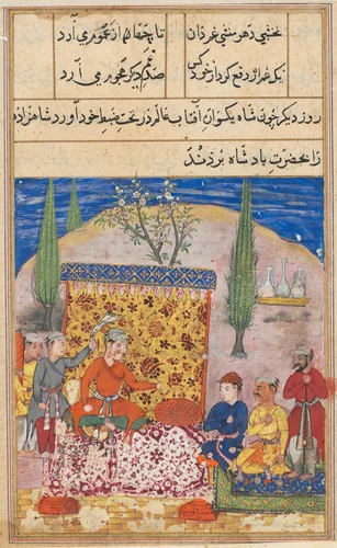 The young prince is presented to the king, his father, by his teacher, but refuses to speak, from a Tuti-nama (Tales of a Parrot): Eighth Night by Unknown, painting, 1555-1565